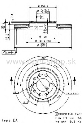 Brzdový kotúč predný 308mm BREMBO 09.9369.10