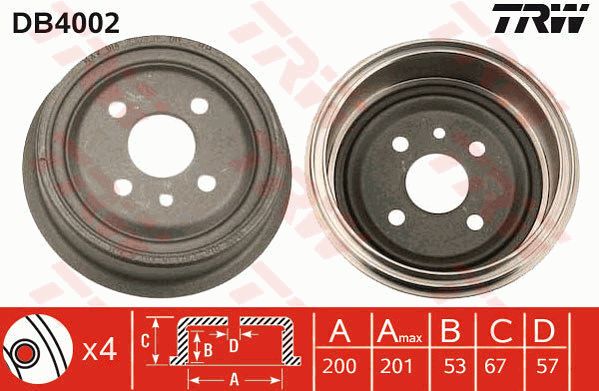 Brzdový bubon Opel Astra F, Astra G, Combo, Kadett E, Vectra A TRW DB4002