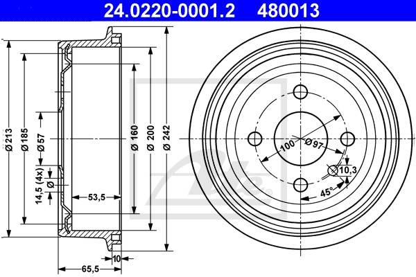 Brzdový bubon Opel Astra F,  Astra G, Kadett E, Vectra A ATE 24.0220-0001.2